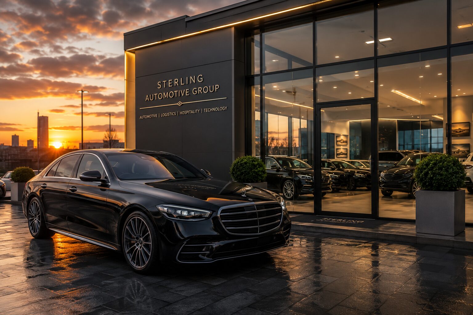 Sterling Automotive Group showroom entrance at sunset
