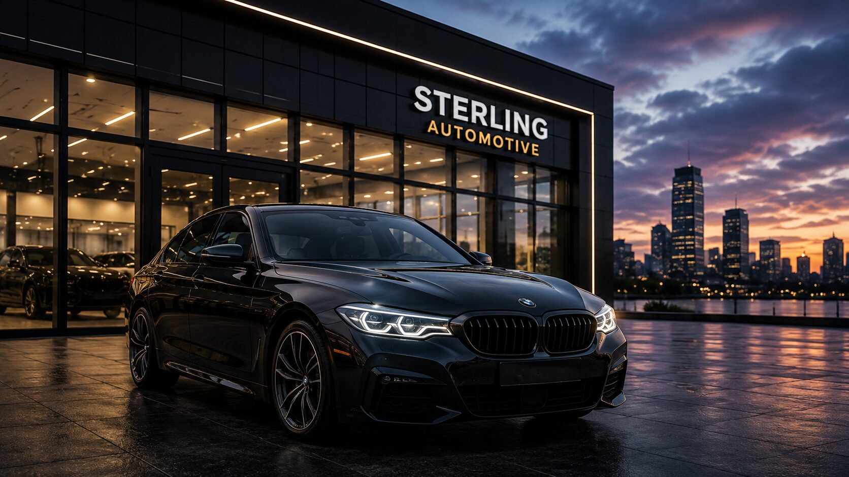 Sterling Automotive dealership at dusk with a premium sedan