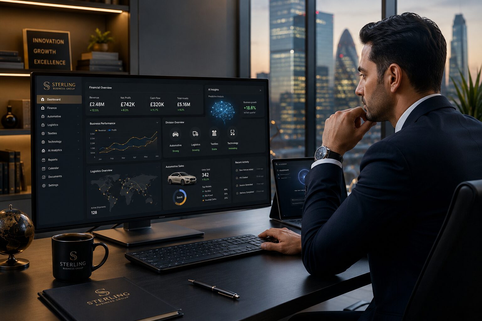 Portrait of the Chairman of Sterling Business Group at his desk in London