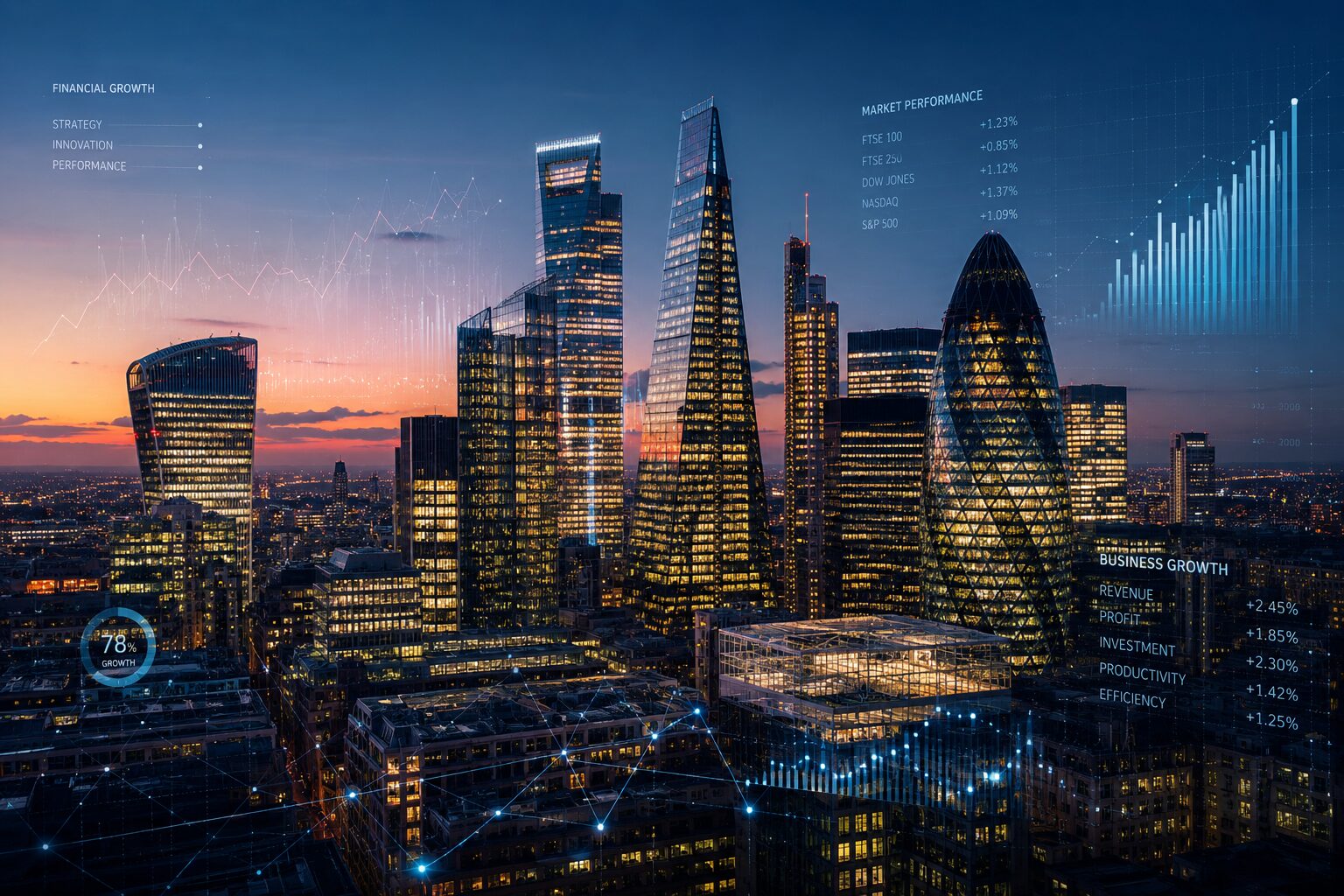 London skyline overlaid with financial and market performance data