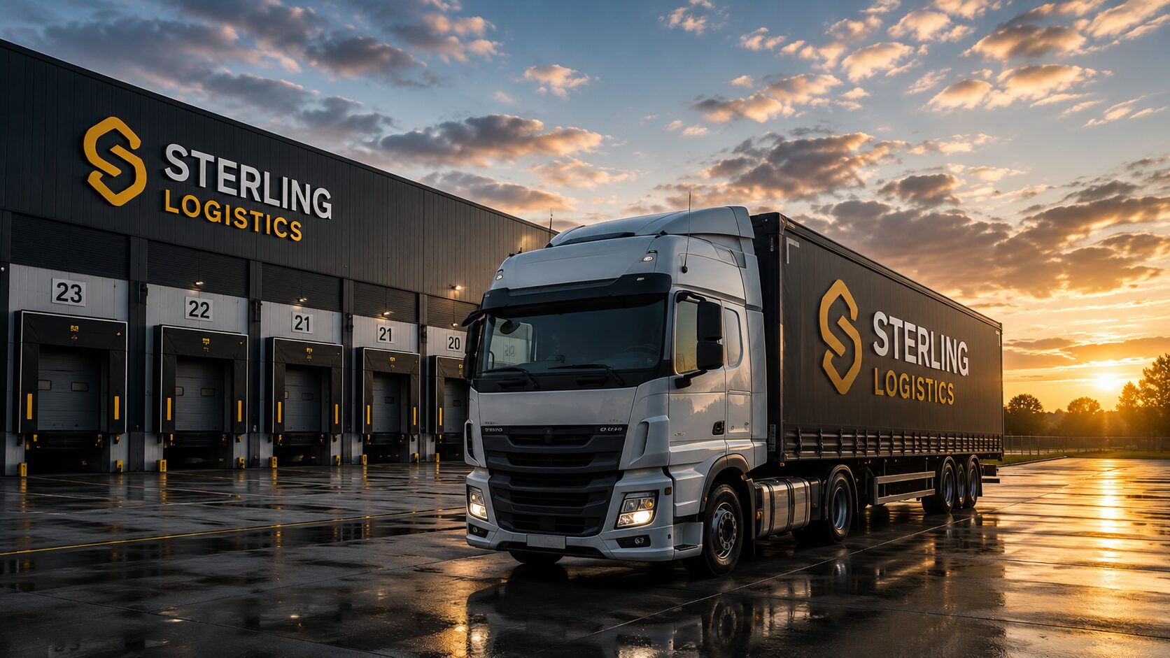Sterling Logistics branded truck at a loading dock at sunset