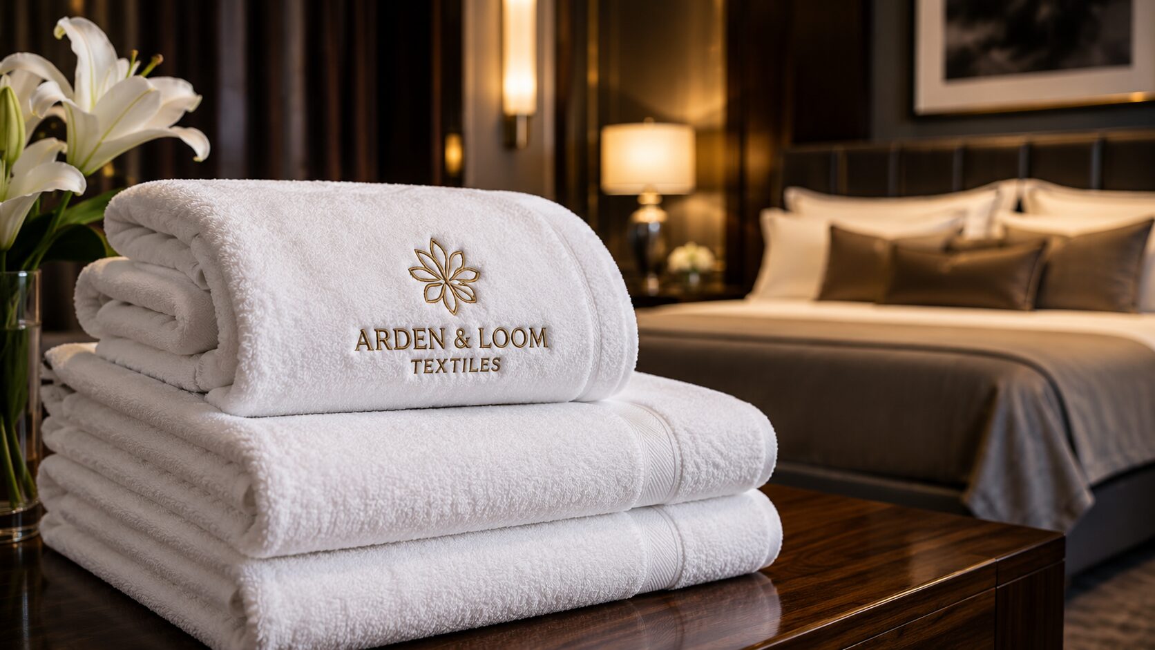 Folded Arden & Loom Textiles towels on a hotel table