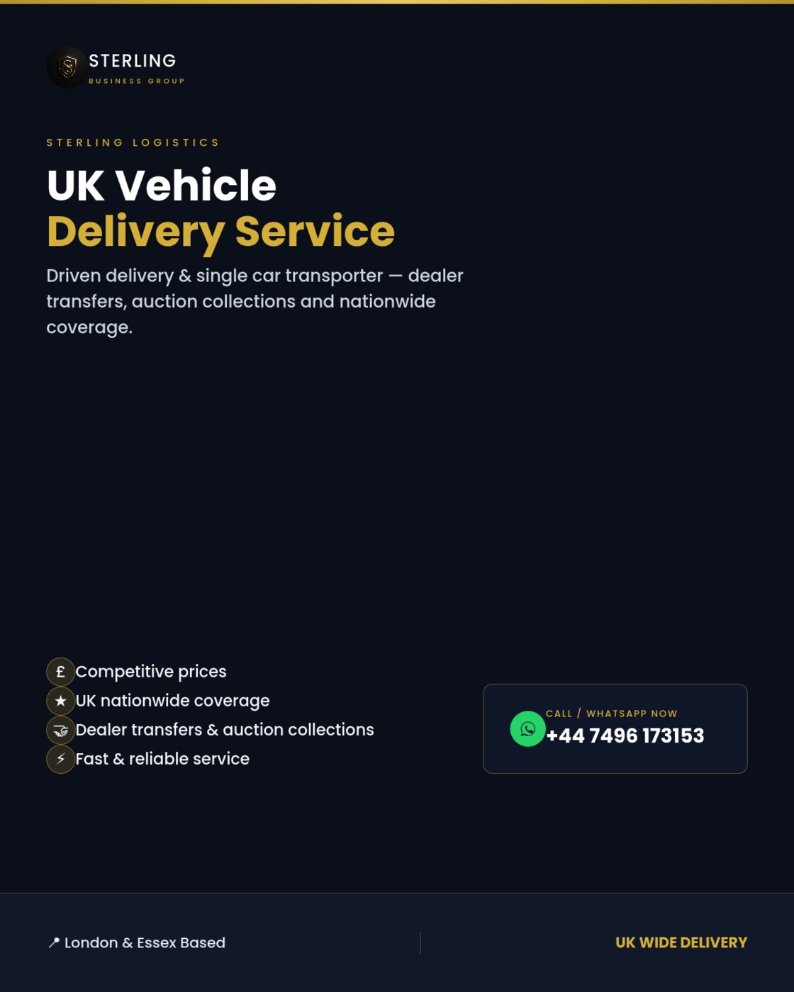 Sterling UK Vehicle Delivery Service — driven delivery and single car transporter, London and Essex based